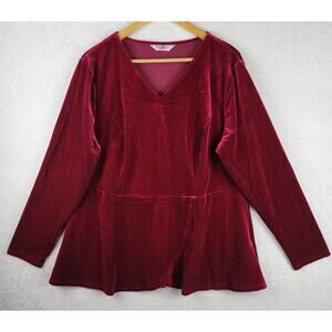 2X Babydoll Top Red Velvet Pullover Long Sleeves V Neck Holiday Party Dressy
